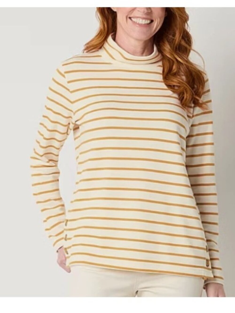 NWT ST. JOHN'S BAY Gold Stripe Side Button Cotton Blend Tunic Top Medium
